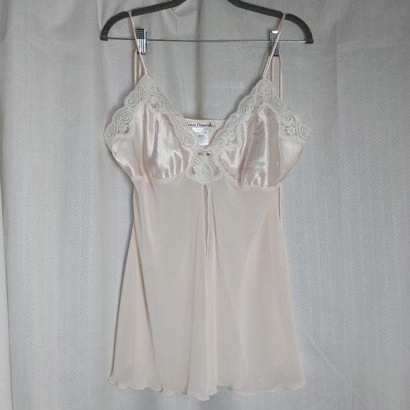 Linea Donatella Fly Away Baby Doll Satin Chiffon Lace Trim Pale Peach Size M - Picture 1 of 7